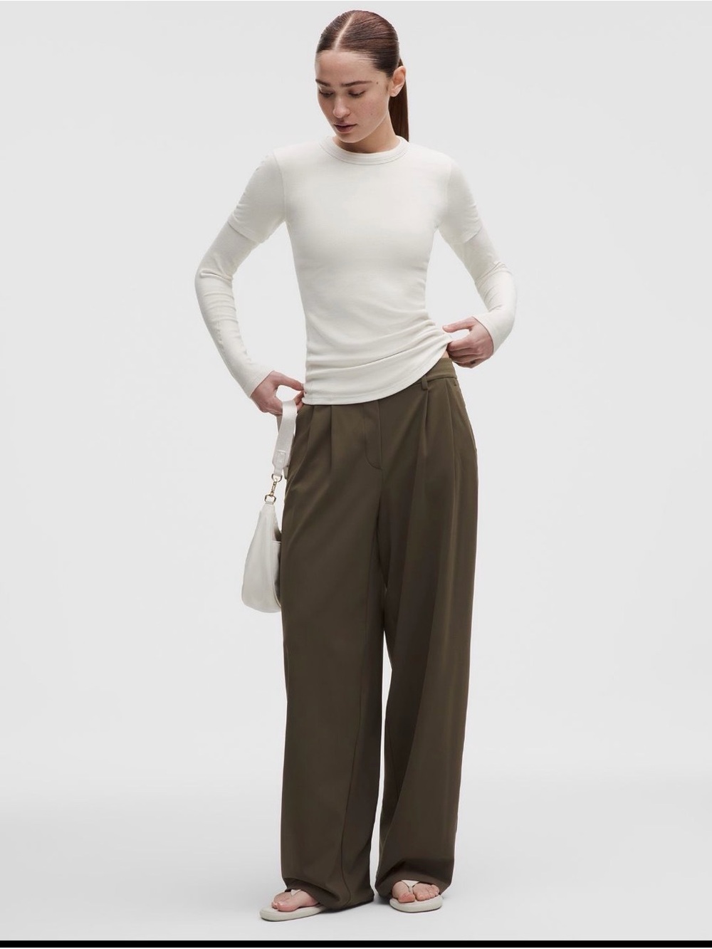 Wide-Leg High-Waist Trousers in Olive Brown NWT S Short
